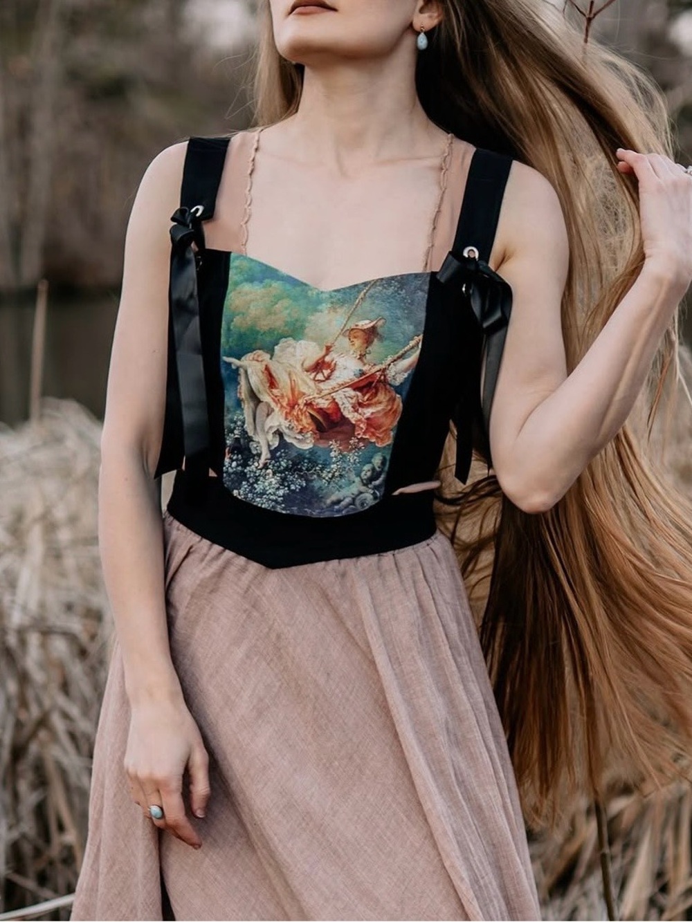 Art Print Corset Top with Pastel Rococo Swing Motif - Picture 3 of 9